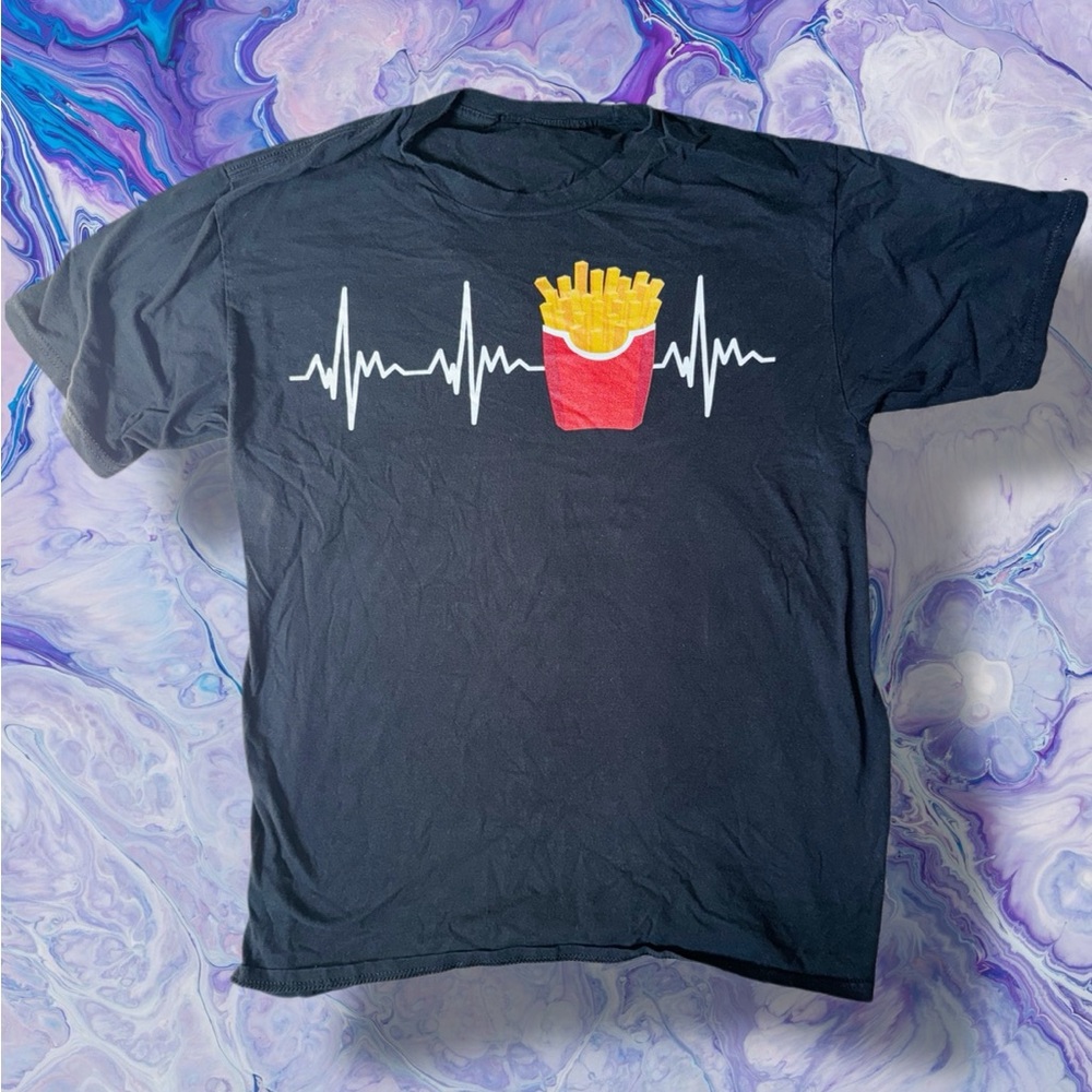 Black T-Shirt with French Fries Heartbeat Design